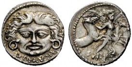 THE ROMAN REPUBLIC 
 L. Plautius Plancus. Denarius 47, AR 3.83 g. Head of Medusa facing with disheveled hair; below, L·PLAVTIV. Rev. Victory facing, ...