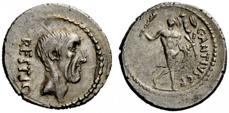 THE ROMAN REPUBLIC 
 C. Antius C.f. Restio. Denarius 47, AR 3.82 g. RESTIO Head...