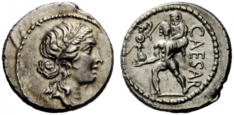 THE ROMAN REPUBLIC 
 Julius Caesar. Denarius, Asia 48-47, AR 3.93 g. Diademed h...