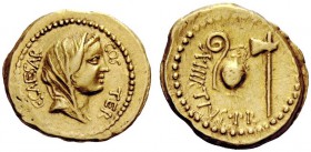 THE ROMAN REPUBLIC 
 Julius Caesar and A. Hirtius. Aureus 46, AV 7.99 g. C CAESAR – COS TER Veiled head of Vesta r. Rev. A·HIRTIVS·P·R Lituus , jug a...