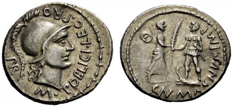 THE ROMAN REPUBLIC 
 Cn. Pomepeius Magnus and M. Poblicius. Denarius, Spain 46-...