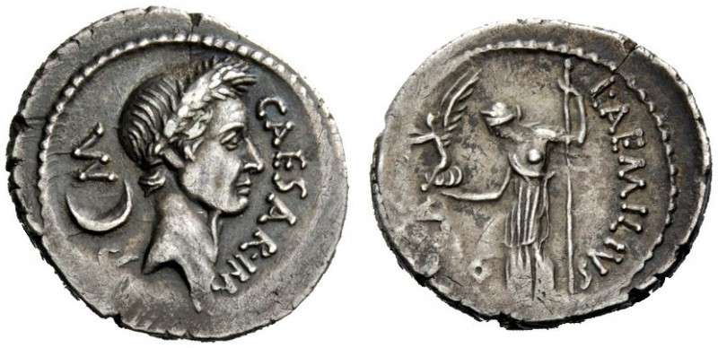 THE ROMAN REPUBLIC 
 Julius Caesar and L. Aemilius Buca. Denarius 44, AR 3.58 g...