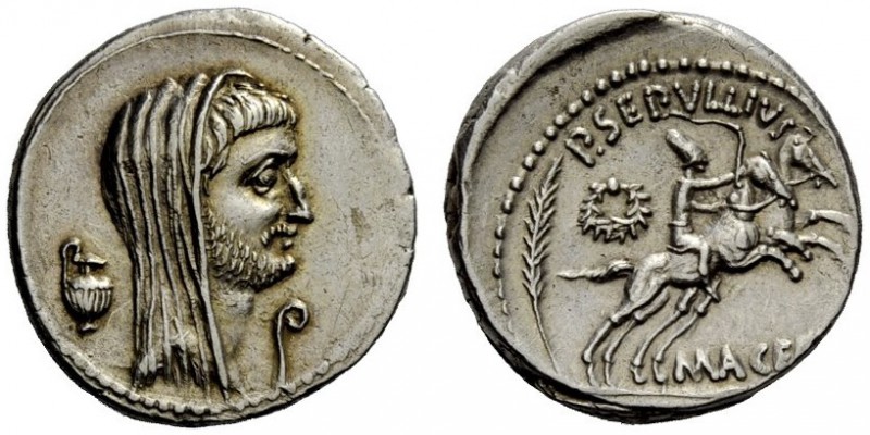 THE ROMAN REPUBLIC 
 P. Sepullius Macer. Denarius 44, AR 3.74 g. Bearded and ve...