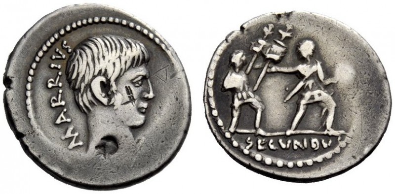 THE ROMAN REPUBLIC 
 M. Arrius Secundus. Denarius 43, AR 3.85 g. ARRIVS Young m...