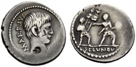 THE ROMAN REPUBLIC 
 M. Arrius Secundus. Denarius 43, AR 3.85 g. ARRIVS Young male head r. with slight beard. Rev. Two soldiers advancing r., the for...