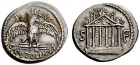 THE ROMAN REPUBLIC 
 Denarius 41, AR 3.82 g. PETILLIVS Eagle on thunderbolt r., with open wings; below, CAPITOLINVS. Rev. S – F Hexastyle temple with...