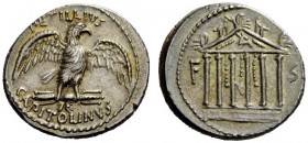 THE ROMAN REPUBLIC 
 Petillius Capitolinus. Denarius 43, AR 3.75 g. PETILLIVS Eagle on thunderbolt r., with open wings; below, CAPITOLINVS. Rev. F – ...