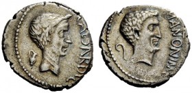 THE ROMAN REPUBLIC 
 Marcus Antonius . Denarius, Gallia Cisalpina 43, AR 3.85 g. M ANTON IMP Bearded head of Mark Antony r.; behind, lituus . Rev. CA...