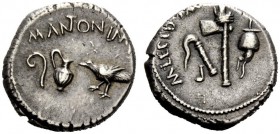 THE ROMAN REPUBLIC 
 M. Antonius and M. Aemilius Lepidus. Denarius, Gallia Transalpina 43, AR 3.88 g. M·ANTON·IMP Lituus, jug and raven. Rev. M·LEPID...