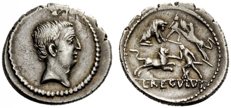 THE ROMAN REPUBLIC 
 L. Livineius Regulus. Denarius 42, AR 3.93 g. Head of Livi...