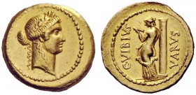 THE ROMAN REPUBLIC 
 C. Vibius Varus. Aureus 42, AV 7.98 g. Laureate head of Apollo r. Rev. C·VIBIVS – VARVS Venus standing l., looking at herself in...