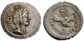 THE ROMAN REPUBLIC 
 L. Mussidius Longus. Denarius 42, AR 3.84 g. CONCORDIA Diademed and veiled bust of Concordia r. Rev. Two hands clasped around ca...