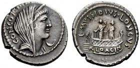 THE ROMAN REPUBLIC 
 L. Mussidius Longus. Denarius 42, AR 3.61 g. CONCORDIA Diademed and veiled bust of Concordia r.; below chin, crescent. Rev. L·MV...