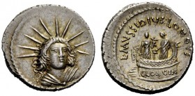 THE ROMAN REPUBLIC 
 L. Mussidius Longus. Denarius 42, AR 3.94 g. Radiate and draped bust of Sol facing three-quarters r. Rev. L·MVSSIDIVS· LONGVS Sh...