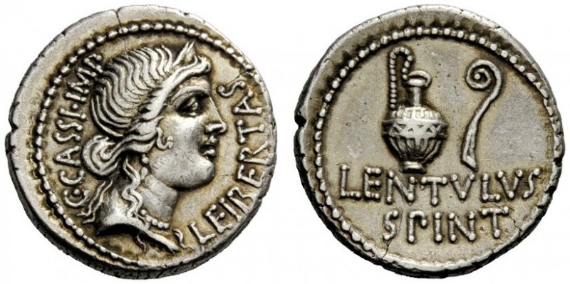 THE ROMAN REPUBLIC 
 C. Cassius and Lentulus Spint. Denarius, mint moving with ...