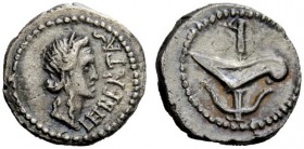 THE ROMAN REPUBLIC 
 M. Junius Brutus. Quinarius , mint moving with Brutus 43-42, AR 1.81 g. LEIBERTAS Laureate head of Libertas r. Rev. Prow-stem an...