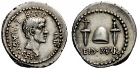 THE ROMAN REPUBLIC 
 M. Iunius Brutus with L. Plaetorius Caestianus. Denarius, Northern Greece circa 43-42, AR 3.89 g. BRVT IMP – L·PLAET·CEST Bare h...