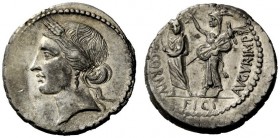 THE ROMAN REPUBLIC 
 Q. Cornufici. Denarius, Africa 42, AR 3.83 g. Head of Tanit l. Rev. Q·CORNV – FICI – AVGVR·IMP Q. Cornuficius standing l., weari...