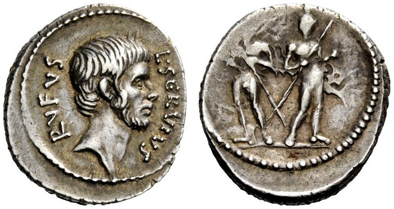 THE ROMAN REPUBLIC 
 L. Servius Rufus. Denarius 43, AR 3.82 g. L·SERVIVS – RVFV...