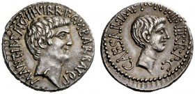 THE ROMAN REPUBLIC 
 Marcus Antonius and C. Caesar Octavianus with M. Barbatius. Denarius, mint moving with M. Antony 41, AR 3.80 g. M·ANT·IMP·AVG·II...