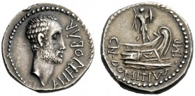 THE ROMAN REPUBLIC 
 Cn. Domitius Ahenobarbus. Denarius, mint moving with Ahenobarbus in 41, AR 4.14 g. AHENOBAR Male head r., slightly bearded. Rev....