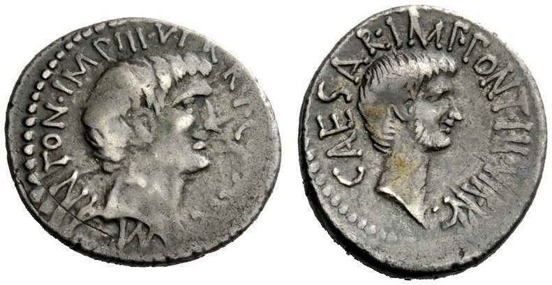 THE ROMAN REPUBLIC 
 C. Caesar Octavianus and Marcus Antonius. Denarius, mint m...