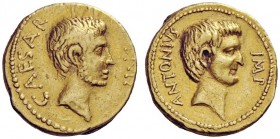 THE ROMAN REPUBLIC 
 Octavianus and Marcus Antonius. Aureus, mint moving with Octavian in South or Central Italy circa 40-39, AV 8.21 g. CAESAR – IMP...