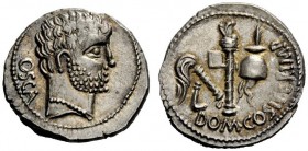 THE ROMAN REPUBLIC 
 Cn. Domitius Calvinus. Denarius, Osca 39, AR 3.88 g. OSCA Head of Hercules, r. Rev. DOM·COS· ITER·IMP Simpulum , aspergillum , a...