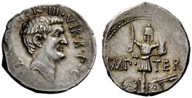 THE ROMAN REPUBLIC 
 Marcus Antonius. Denarius, mint moving with M. Antonius 37, AR 3.74 g. [ANT] AVGVR·III·VIR·R·P·C Head of M. Antonius r. Rev. IMP...