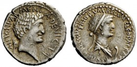 THE ROMAN REPUBLIC 
 Cleopatra with Marcus Antonius. Denarius, mint moving with M. Antony 32, AR 3.90 g. ANTONI· ARMENIA·DEVICTA Head of M. Antony r....