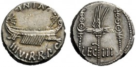 THE ROMAN REPUBLIC 
 Marcus Antonius. Denarius, mint moving with M. Antony 32-31, AR 3.51 g. ANT AVG – III·VIR·R·P·C Galley r., with sceptre tied wit...