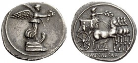 THE ROMAN EMPIRE 
 Octavian, 32 – 27 BC 
 Denarius, Brundisium or Roma circa 29-27 BC, AR 4.00 g. Victory standing r. on prow, holding wreath and pa...
