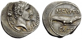 THE ROMAN EMPIRE 
 Octavian, 32 – 27 BC 
 Denarius, uncertain mint 28, AR 3.66 g. [CAES]AR DIVI F – COS VI Bare head r.; beneath neck truncation, sm...