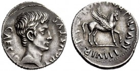 THE ROMAN EMPIRE 
 Octavian as Augustus, 27 BC – 14 AD 
 P. Petronius Turpilianus . Denarius circa 19 BC, AR 3.58 g. CAESAR – AVGVSTVS Bare head r. ...