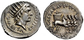 THE ROMAN EMPIRE 
 Octavian as Augustus, 27 BC – 14 AD 
 L. Aquillius Florus. Denarius circa 19, AR 4.05 g. [L A]QVILLIVS FLOR – VS III VIR Head of ...
