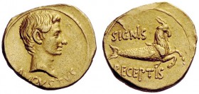 THE ROMAN EMPIRE 
 Octavian as Augustus, 27 BC – 14 AD 
 Aureus, Pergamum 19-18 BC, AV 7.36 g. AVGVSTVS Bare head r. Rev. SIGNIS / RECEPTIS Capricor...