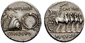 THE ROMAN EMPIRE 
 Octavian as Augustus, 27 BC – 14 AD 
 Denarius, Colonia Patricia circa 18 BC, AR 3.82 g. S P Q R PAREN / CONS SVO Toga picta over...