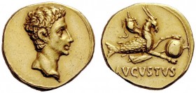 THE ROMAN EMPIRE
Octavian as Augustus, 27 BC – 14 AD
Aureus, Colonia Patricia circa July 18-17/16, AV 7.90 g. Bare head r. Rev. Capricorn r., holdin...
