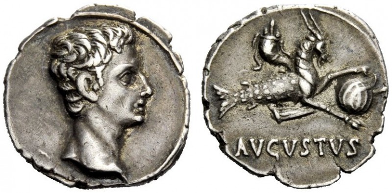 THE ROMAN EMPIRE 
 Octavian as Augustus, 27 BC – 14 AD 
 Denarius, Colonia Pat...