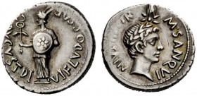 THE ROMAN EMPIRE 
 Octavian as Augustus, 27 BC – 14 AD 
 M. Sanquinius. Denarius circa 17 BC, AR 3.63 g. AVGVST DI – VI F LVDOS SAE Herald in long r...