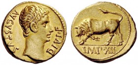 THE ROMAN EMPIRE 
 Octavian as Augustus, 27 BC – 14 AD 
 Aureus, Lugdunum 11-10 BC, AV 7.92 g. AVGVSTVS – DIVI F Bare head r. Rev. Bull butting l.; ...