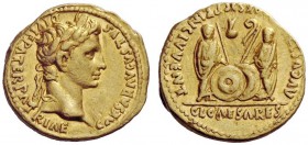 THE ROMAN EMPIRE 
 Octavian as Augustus, 27 BC – 14 AD 
 Aureus, Lugdunum circa 2 BC - 4 AD, AV 3.85 g. CAESAR AVGVSTVS – DIVI F PATER PATRIAE Laure...