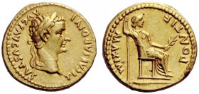 THE ROMAN EMPIRE 
 Tiberius, 14 – 37 
 Aureus, Lugdunum 14-37, AV 7.82 g. TI CAESAR DIVI – AVG F AVGVSTVS Laureate head r. Rev. PONTIF MAXIM Pax-Liv...