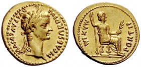 THE ROMAN EMPIRE 
 Tiberius, 14 – 37 
 Aureus, Lugdunum 14-37, AV 7.67 g. TI CAESAR DIVI – AVG F AVGVSTVS Laureate head r. Rev. PONTIF MAXIM Pax-Liv...
