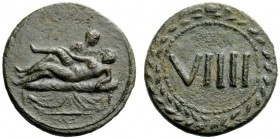 THE ROMAN EMPIRE 
 Erotic tessera, time of Tiberius 
 Spintria first century AD, Æ 5.60 g. Erotic scene. Rev. VIIII within wreath. Buttrey, NC 1973,...