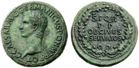 THE ROMAN EMPIRE 
 Gaius, 37 – 41 
 Sestertius 37-38, Æ 28.39 g. C CAESAR AVG GERMANICVS PON M TR POT Laureate bust l. Rev. S P Q R / P P / OB CIVES...
