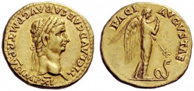 THE ROMAN EMPIRE 
 Claudius, 41 – 54 
 Aureus 46-47, AV 7.70 g. TI CLAVD CAESAR AVG P M TR P VI IMP XI Laureate head r. Rev. PACI – AVGVSTAE Pax-Nem...