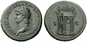 THE ROMAN EMPIRE 
 Nero, 54 – 68 
 Sestertius circa 65, Æ 26.88 g. NERO CLAVD CAESAR AVG GERM P M TR P IMP P P Laureate head l., with globe at point...