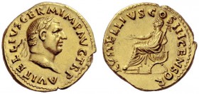 THE ROMAN EMPIRE 
 Vitellius, 69 
 Aureus late April-December 69, AV 7.30 g. A VITELLIVS GERM IMP AVG TR P Laureate head r. Rev. L VITELLIVS COS III...