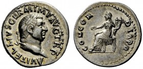 THE ROMAN EMPIRE 
 Vitellius, 69 
 Denarius, circa late April 69-20 December 69, AR, 3.37 g. A VITELLIVS GERM IMP AVG TR P Laureate head r. Rev. CON...